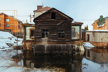 Flooded rural house. Concept of disaster