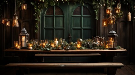 christmas scene with lights over a wooden table, in the style of dark gold and green, rtx on, photobash, commission for, tabletop photography, sharp/prickly - obrazy, fototapety, plakaty