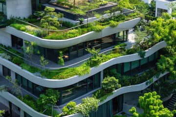 A cozy building with a terrace, luxurious green roof gardens and the following lines, sublime and visionary. Abandoned overgrown high-rise buildings, the apocalypse