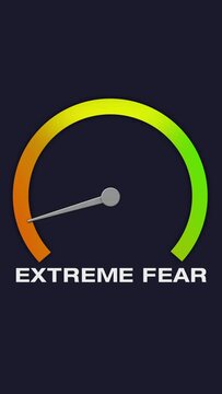 An animated vertical cryptocurrency or stock market Fear and Greed Index graph showing the four stages: extreme fear, fear, neutral, greed, and extreme greed.  	