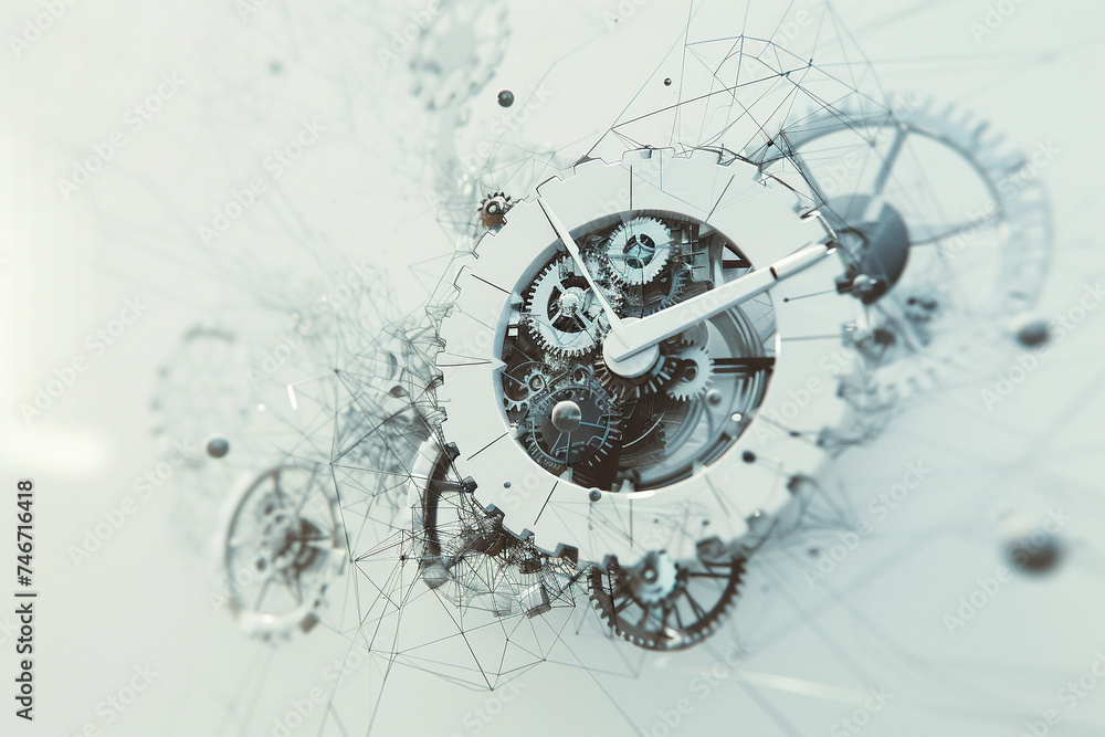 Poster 3d render of a wireframe clock with moving gears in an abstract space