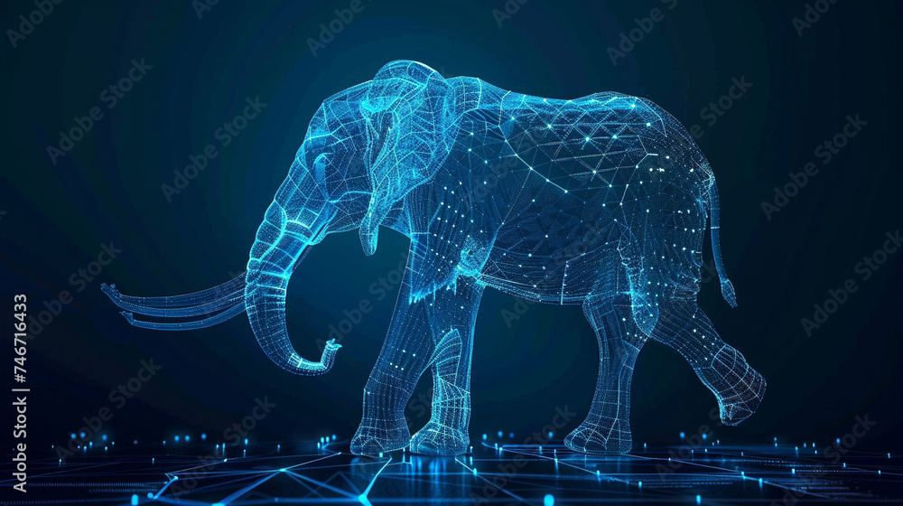 Poster 3d render of a wireframe elephant with a trunk raised in a digital environment