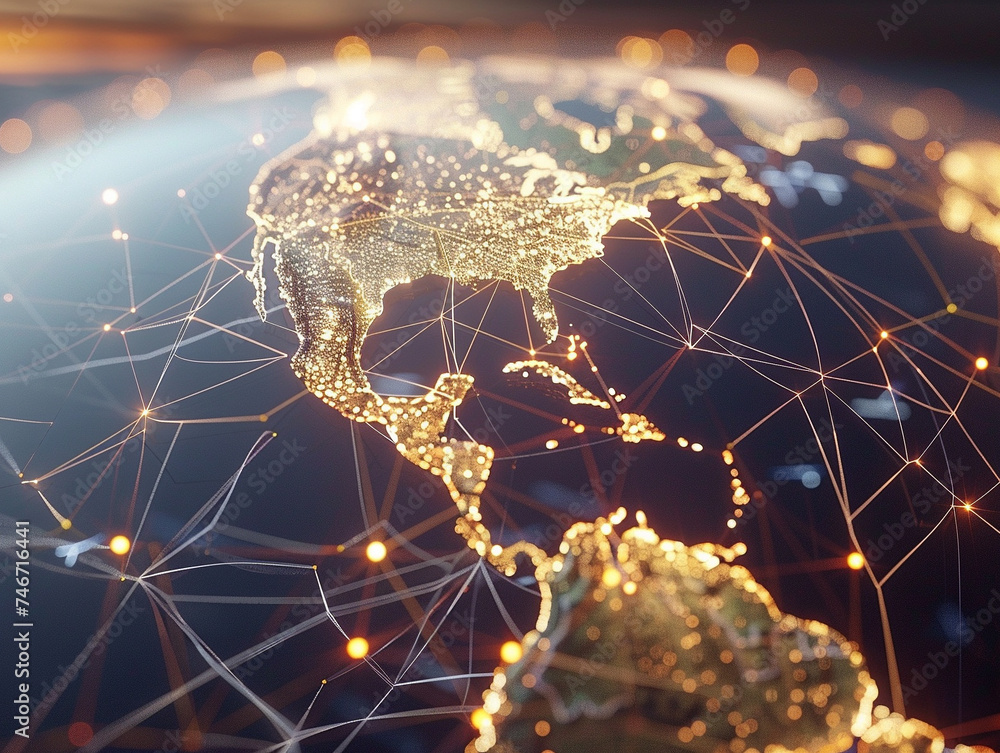 Poster 3d render of a wireframe globe with digital flight paths connecting cities