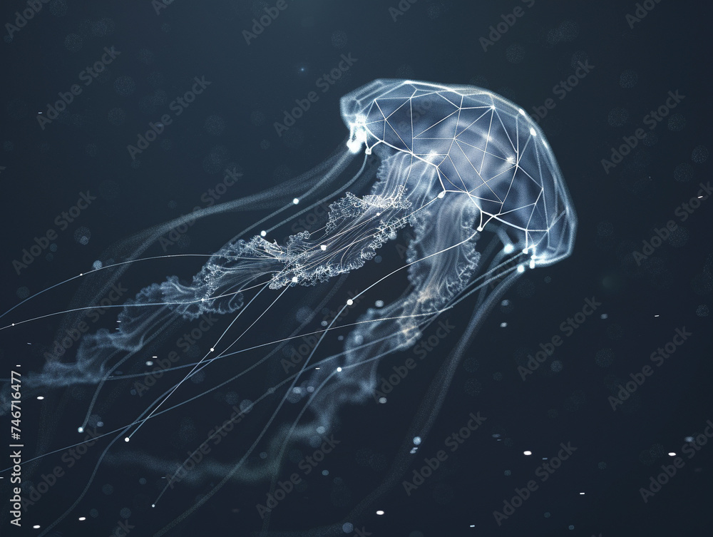 Aufkleber 3d render of a wireframe jellyfish floating in a digital ocean