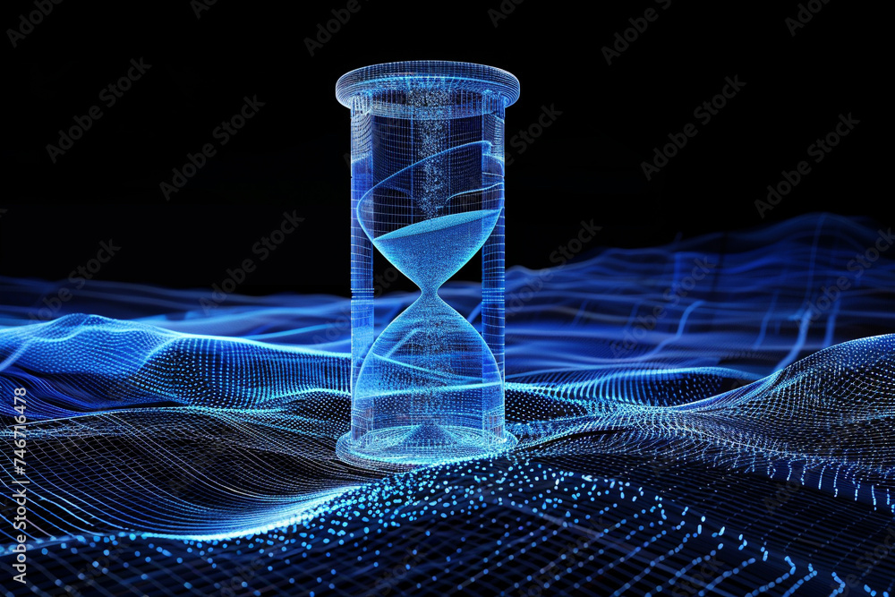 Poster 3d render of a wireframe hourglass with digital sand flowing through