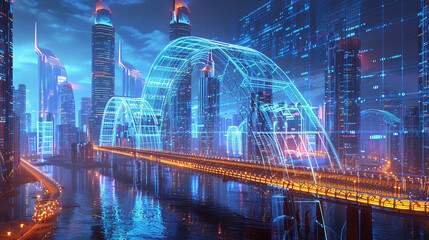3d render of a wireframe bridge arching over a holographic river in a digital cityscape