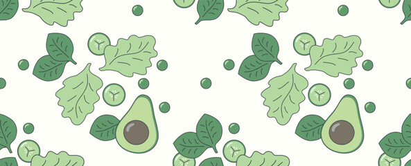 Flat Green seamless pattern with vegetables, lettuce, avocado, basil, cucumber, pea, polka dots on white background. Vector illustration EPS10