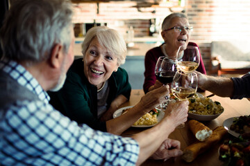 Smiling senior people toasting with wine at kitchen table