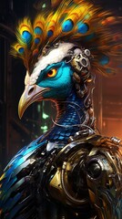 realistic. A graphic designer robot with a peacock head, spreading its colorful feathers across digital canvases., cinematic style