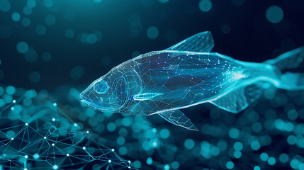 3d render of a wireframe fish swimming in a school with a digital flow