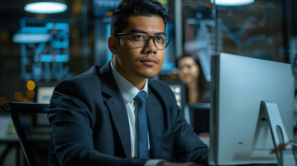A professional in a suit is working at a desk with multiple computer monitors displaying graphs and analytical data in a modern corporate office setting.