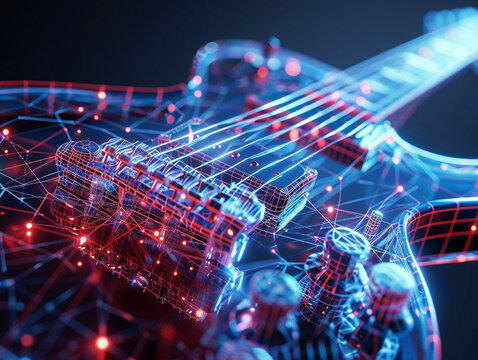 3d render of a wireframe guitar with strings vibrating in holographic sound waves