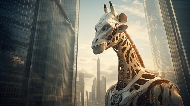 A high-tech robotic giraffe stands amidst skyscrapers, illustrating the fusion of wildlife and robotics in a city environment during sunset.