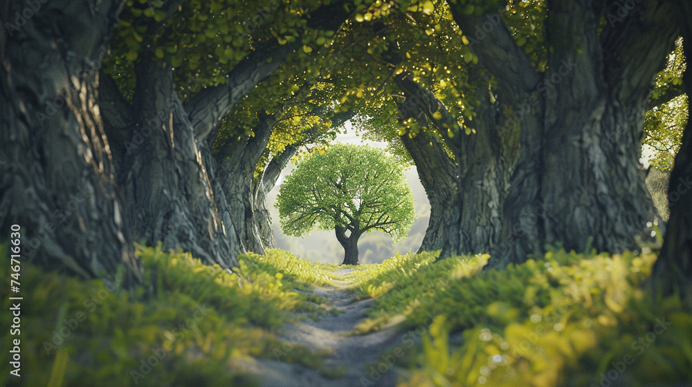 Poster dreamy forest path with a glowing tree in the distance