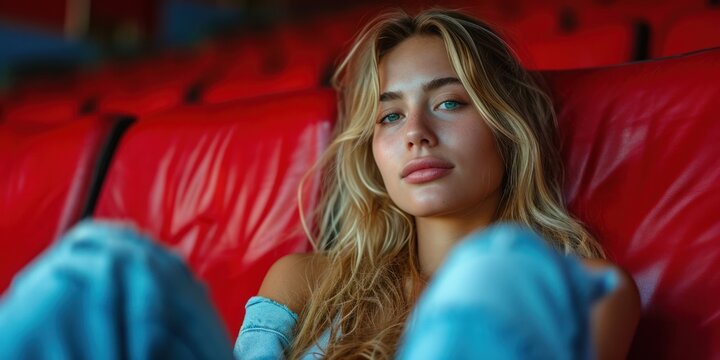 A girl is sitting in a movie theater waiting for a movie session. The viewer in the cinema