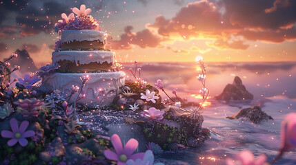 A magical sunset view on a cake island where the frosting glows in the twilight and sugar flowers bloom along the shores - obrazy, fototapety, plakaty