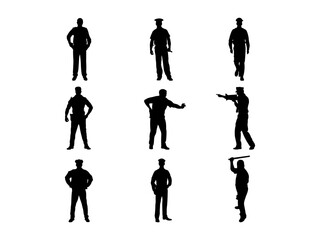 Set of Policeman officer on duty Silhouette in various poses isolated on white background
