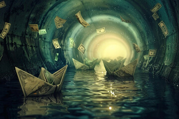 A surreal scene of paper boats made of currency notes floating in a water filled tunnel under...