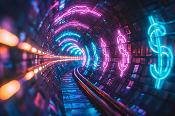 An abstract digital tunnel glowing with neon lights currency symbols floating towards the viewer - obrazy, fototapety, plakaty