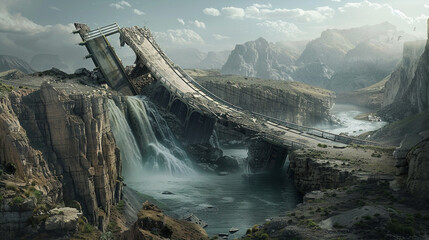 An apocalyptic image of a bridge collapsing into a river surrounded by the rugged terrain of a devastated landscape