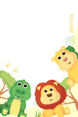Frame and postcards with cute African animals: giraffe, crocodile, hippo, elephant, lion, monkey, zebra,tiger and rhinoceros. A banner with these animals and a frame for text or photos.