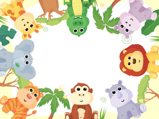 Naklejka premium Frame and postcards with cute African animals: giraffe, crocodile, hippo, elephant, lion, monkey, zebra,tiger and rhinoceros. A banner with these animals and a frame for text or photos.