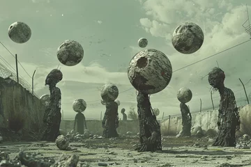 Deurstickers An eerie scene of human ball hybrids in a post apocalyptic landscape exploring new forms of movement and survival © pprothien