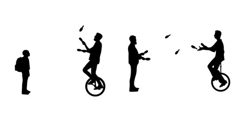 Magician riding unicycle. Set of male jugglers on a unicycle juggling with clubs. Good use for symbols, logos, icons, mascots, signs, or any design you want. - obrazy, fototapety, plakaty