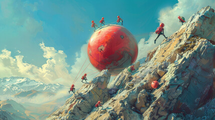 An imaginative childrens book illustration of human ball hybrids embarking on an adventurous journey overcoming obstacles with teamwork and resilience - obrazy, fototapety, plakaty