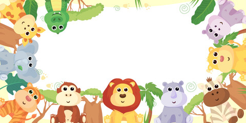 Frame and postcards with cute African animals: giraffe, crocodile, hippo, elephant, lion, monkey, zebra,tiger and rhinoceros. A banner with these animals and a frame for text or photos.