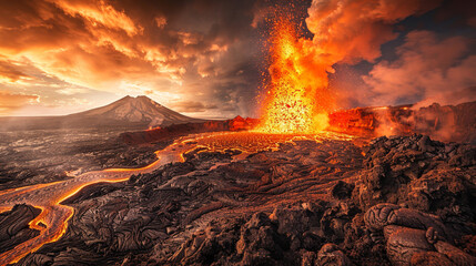 An intense moment capturing a volcanic eruption with the surrounding terrain fracturing under the pressure - obrazy, fototapety, plakaty