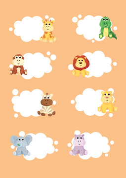 Frame and postcards with cute African animals: giraffe, crocodile, hippo, elephant, lion, monkey, zebra,tiger and rhinoceros. A banner with these animals and a frame for text or photos.