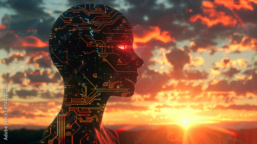 Poster robot silhouette facing sunrise double exposure with circuit patterns illustrating ais quest for kno