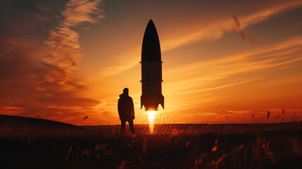 Obraz premium Silhouetted delivery man beside his classic rocket ready for liftoff at dusk in a world of tomorrow