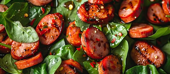 A close-up view of a delectable dish featuring sliced sausage, crisp salad leaves, and a burst of...