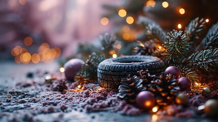 christmas tire and christmas gifts on a purple background, in the style of traumacore, sleek metallic finish, stark visuals, performance-oriented, tyler walpole, nature-inspired motifs, light gray and - obrazy, fototapety, plakaty