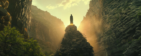A man or a medieval monk or a pilgrim. A ceremonial, religious, or mysterious sacred place - obrazy, fototapety, plakaty