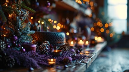 christmas tire and christmas gifts on a purple background, in the style of traumacore, sleek metallic finish, stark visuals, performance-oriented, tyler walpole, nature-inspired motifs, light gray and