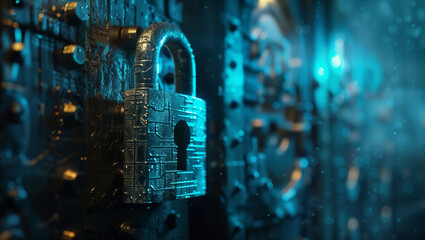 close-up of a closed padlock in a IT cyber environement illuminated in an it style yellow and blue