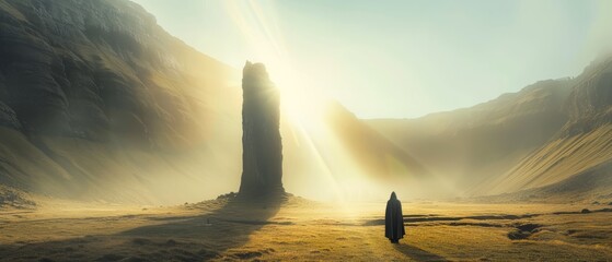 A man or a monk or a pilgrim next to a surreal mystical black stone or a giant sculpture in a valley among the mountains in a minimalist style. A ceremonial, religious, or mysterious sacred place - obrazy, fototapety, plakaty