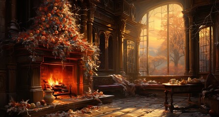 christmas tree in front of the fireplace on the wooden table, golden light, vibrant stage backdrops, nostalgic imagery - obrazy, fototapety, plakaty