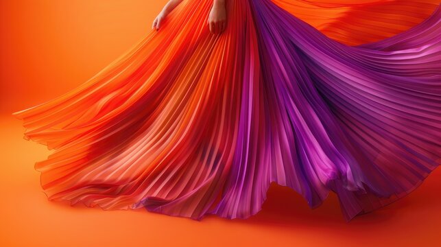 Vibrant Fabric Flow in Motion, full body view fashion photography, dynamic display of a billowing fabric in a gradient of purple to orange colors, representing fashion, fluidity, and creativity