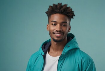 A man with a trendy afro hairstyle wearing a teal jacket, exuding a relaxed and stylish aura. - obrazy, fototapety, plakaty