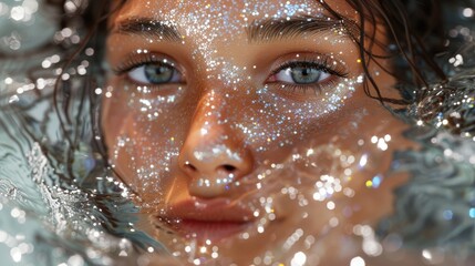 Fototapeta na wymiar Sparkling Submersion, close-up of a woman's face adorned with silver glitter, submerged in crystal-clear water, reflecting a sense of serene beauty