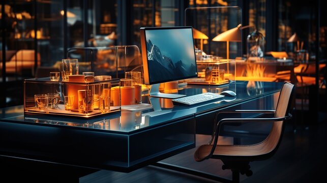 close up portraits of desks in a modern office, in the style of dark sky-blue and amber, neo-academism, transparent/translucent medium, vray, busy landscapes, website, high quality photo