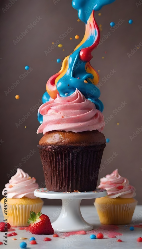 Poster a dynamic splash of blue and pink icing adds a playful touch to the chocolate cupcake, creating a fe