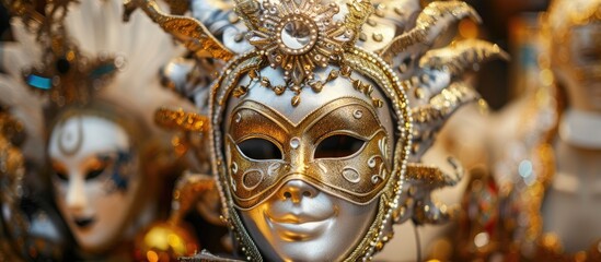 A detailed close-up view of a silver mask with intricate gold ornamentation on display at a Purim carnival. The mask is showcased on a table, highlighting its exquisite design and craftsmanship.