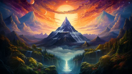 Foto op Plexiglas A serene mountain peak at dawn the oracle meditating energy swirling in vibrant colors © Oofy