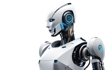 a high quality stock photograph of a single ai robot full body isolated on a white background