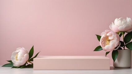 Product podium for product presentation and display with garden summer and spring flowers, peonies, floral summer background podium for cosmetic, with nature in the background. Generating AI